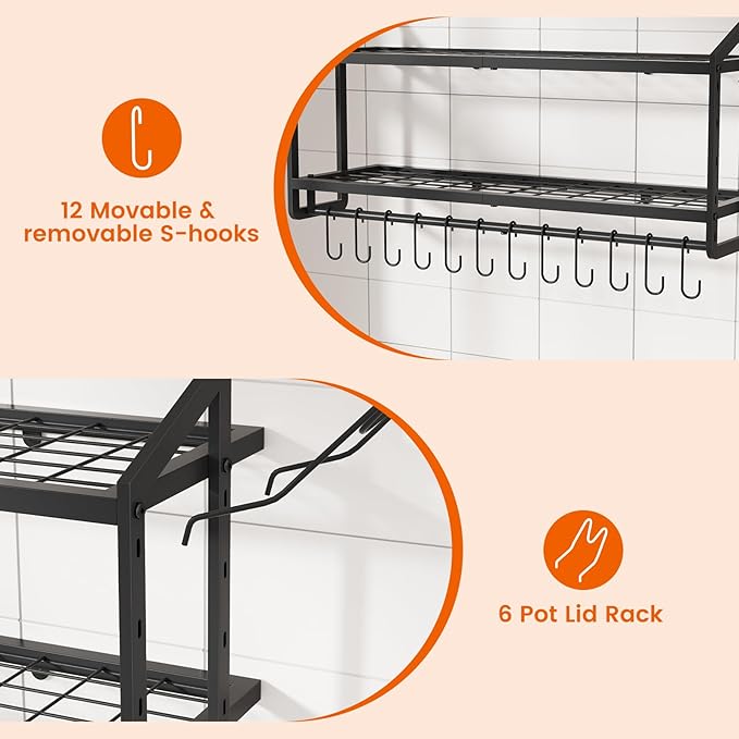 VOPEAK 30" Pot Rack Wall Mounted with 6 Detachable Pot Lid Holders,12 Adjustable S Hooks for Hanging Pans,2 Tier Black Heavy Duty Metal Shelves for pots and pans Organizer,200lbs Capcity,Space Saving
