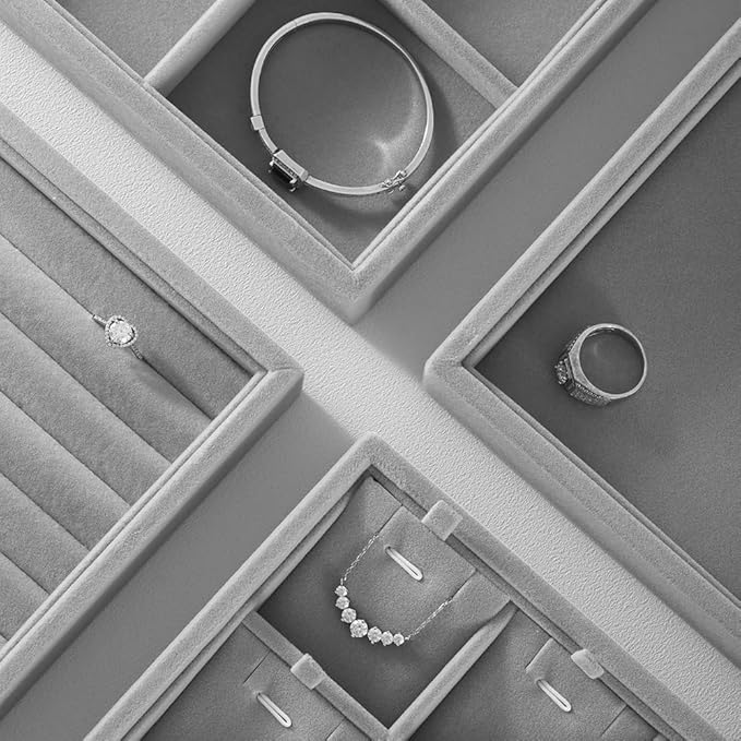 Velvet Ring Display Tray, Stackable Muilt Slot Rings Ear Stud Storage Tray, Drawer Insert Jewelry Accessories Organizers Plate (Gray)