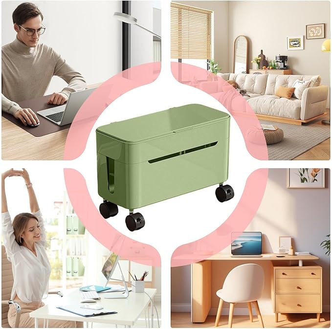 Cable Box Organizer | Wire Storage Container with Wheels | Tabletop Charger Cord Storage | for Home Office Dormitory Gaming Setup TV Stand Computer Desk Tech Enthusiasts Renters Content Creators