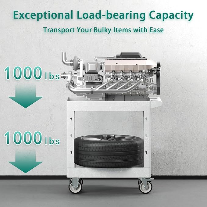 Heavy Duty Utility Rolling Tool Cart, 550 lbs Capacity Plastic Rolling Carts with 360°Swivel Wheels, 34 x 17 Inch Service Cart, 2 Shelf Work Cart for Warehouse,Garage, Cleaning, Grey