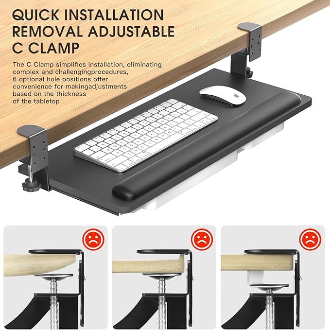 Keyboard Tray Under Desk with a Soft Wrist Rest，Under Desk Keyboard Tray Slide Out with 2 Storage Drawers，C Clamp-on Mount Ergonomic Keyboard Tray for Home and Office，26.5"x11.6"
