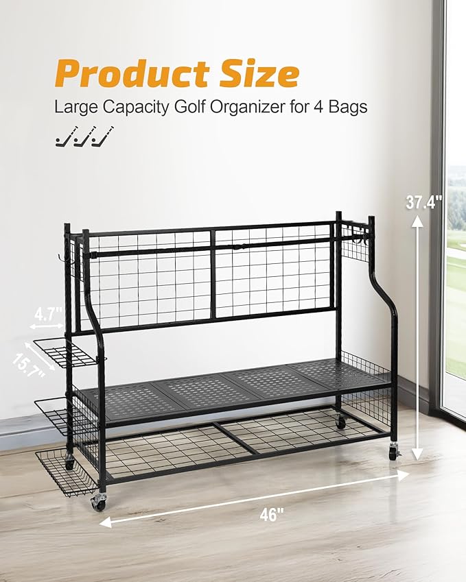 PLKOW 4 Golf Bag Organizer Garage Storage, Extra Large Golf Bag Storage Rack for Golf Bag, Golf Clubs and Golf Accessories, Golf Storage for Garage, Golf Clubs, Basement