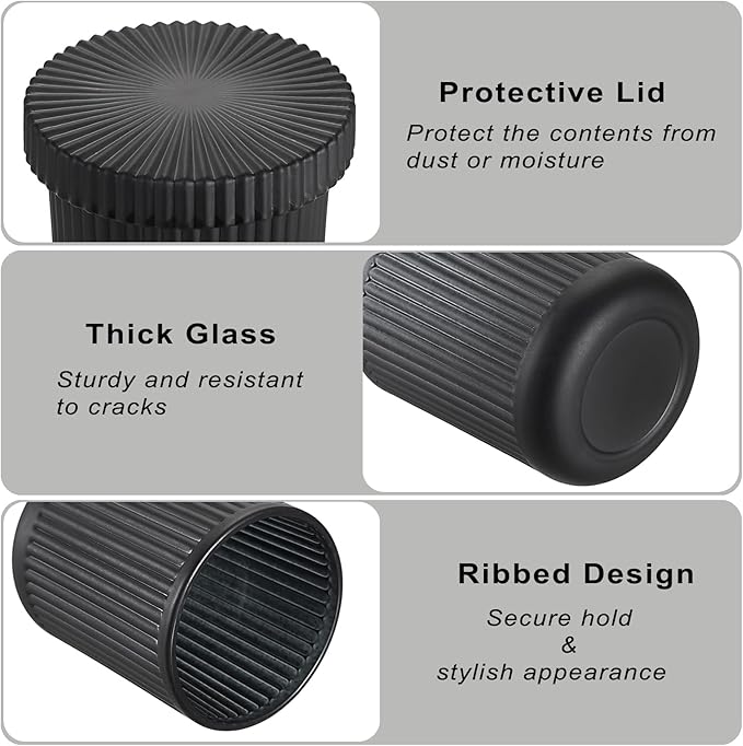 2 Pack Glass Qtip Holder with Lid, Qtip Dispenser Bathroom Storage Jars- Glass Apothecary Jars for Cotton Ball, Swab, Pads, Floss Picks, Bathroom Accessories Organization and Vanity Organizer(Black)