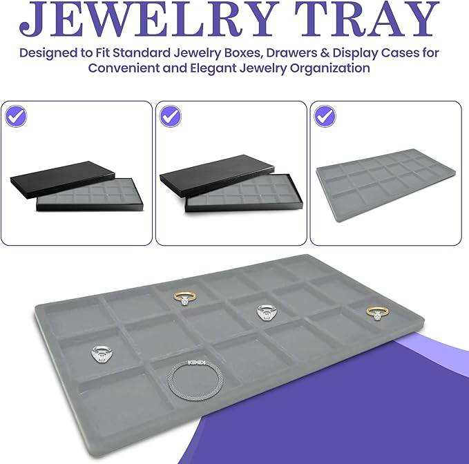 Novel Box 5 Pack 18-Slot Gray Liner Jewelry Storage Tray Inserts 14.75x8.25x1 Inches - Jewelry Organizer Pad for Drawers & Store Displays - Jewelry Display Pads for Rings Earrings & Pendants