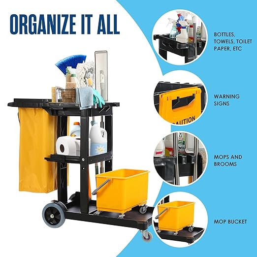 Houseables Cleaning Cart, Janitorial Cart, Cleaning Caddy with Wheels, for Housekeeping, Janitor, Custodian, House Keeping, Maintenance, Rolling Supply Organizer, Custodial, Maid, Commercial, 440 LB