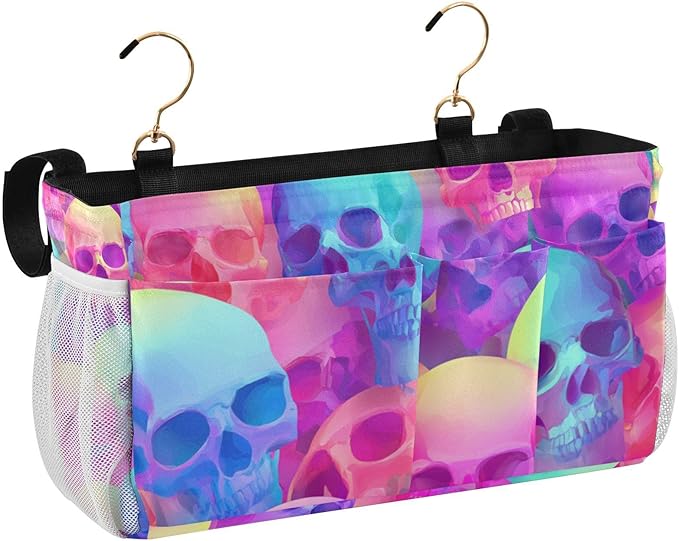 Gradient Multicolored Skulls Bedside Caddy for Dorm Bed Bedside Hanging Caddy Bag Iron Frame Storage Organizer Pocket for Bunk Home College Hospital Beds 2 Hooks