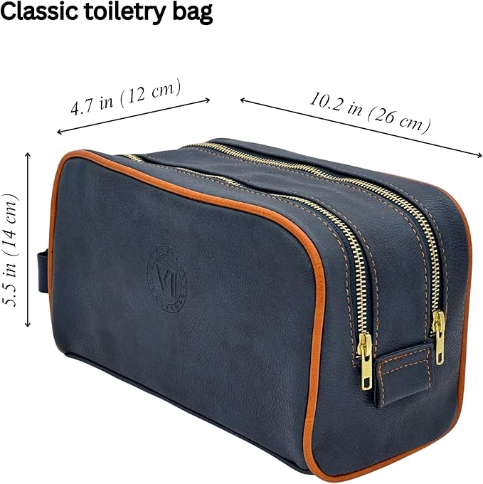 Dopp Gift Large Travel Toiletry Bag Premium Quality PU Leather Two compartments YKK Zippers Water-resistant Bottom Studs Mesh Pockets Durable Cosmetic Organizer NAVY BLUE/ORANGE