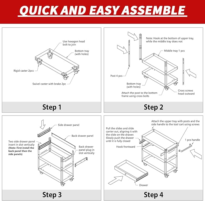 3 Tier Rolling Tool Cart, Tool Carts with Wheels and Drawers, 500 LBS Capacity Service Utility Cart, Mechanic Tool Cart on Wheels for Garage, Warehouse, Repair Shop, Red