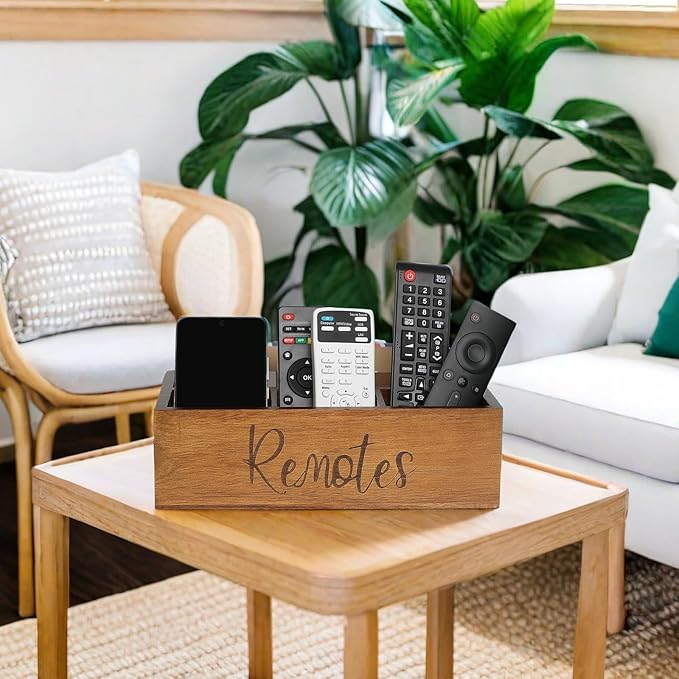 Acacia Wood Remote Control Holder Caddy, TV Organizer for Table, Vintage Farmhouse Desk Caddy (Brown-for 6+ Controls)