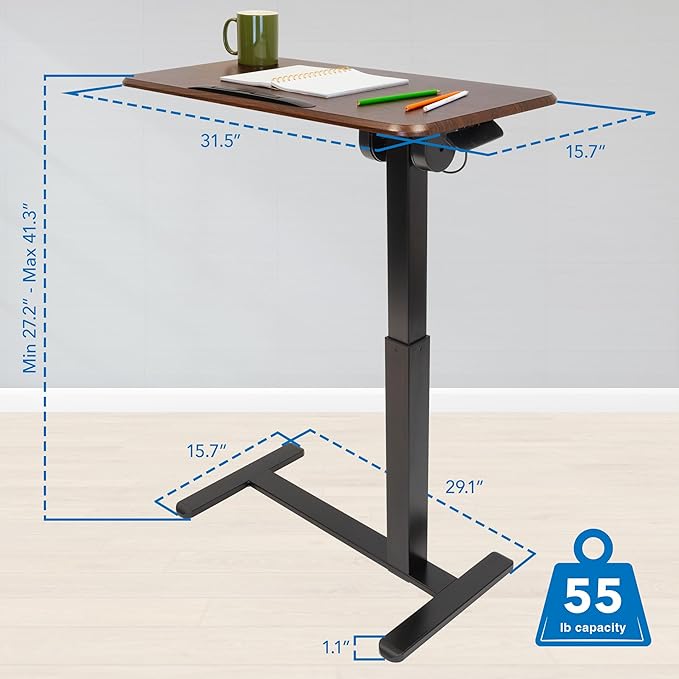 Mount-It! Rolling Bedside Table, Overbed Tray Table on Wheels for Hospital or Home Meals in Bed, Adjustable Height Tilting Swivel Standing Laptop Desk 31"x15" with Wheels, Walnut Color 27" to 41" High