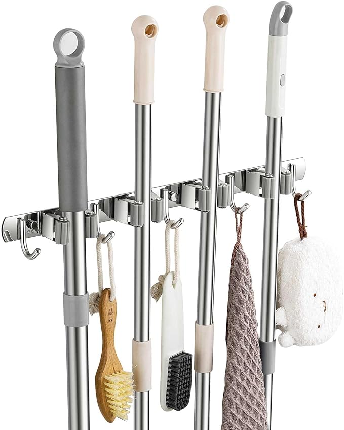 Broom Holder Wall Mount, Stainless Steel Broom Hanger Wall Mount, Heavy Duty Mop and Broom Holder Tool Racks Utility Hooks for Laundry Room Garden Garage, Grey (4 Racks and 5 Hooks)