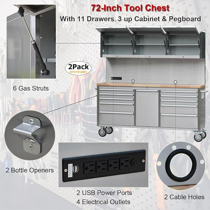 2 Pack - 72" Stainless Steel Rolling Tool Chest with 11 Drawers + 3 Upper Cabinets, Large Lockable Storage Cabinet, Mobile Workbench with Wheels for Garage Workshop (2 × HTC7214W1)