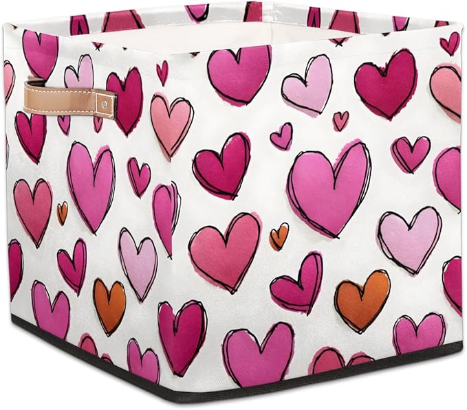 TropicalLife 13x13x13 Inch Large Fabric Storage Cube Love Hearts Foldable Storage Bin with Handles Organizer Boxes Cube Basket for Shelves Organizing Closet