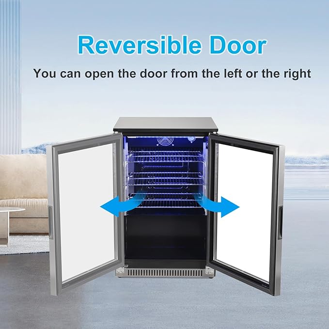 Weili 20 Inch Built in Beverage Fridge with Glass Door, 120 Can Under Counter Soda Beer Drink Refrigerator with Blue LED Light for Home Office or Bar, 36-50°F Auto Defrost