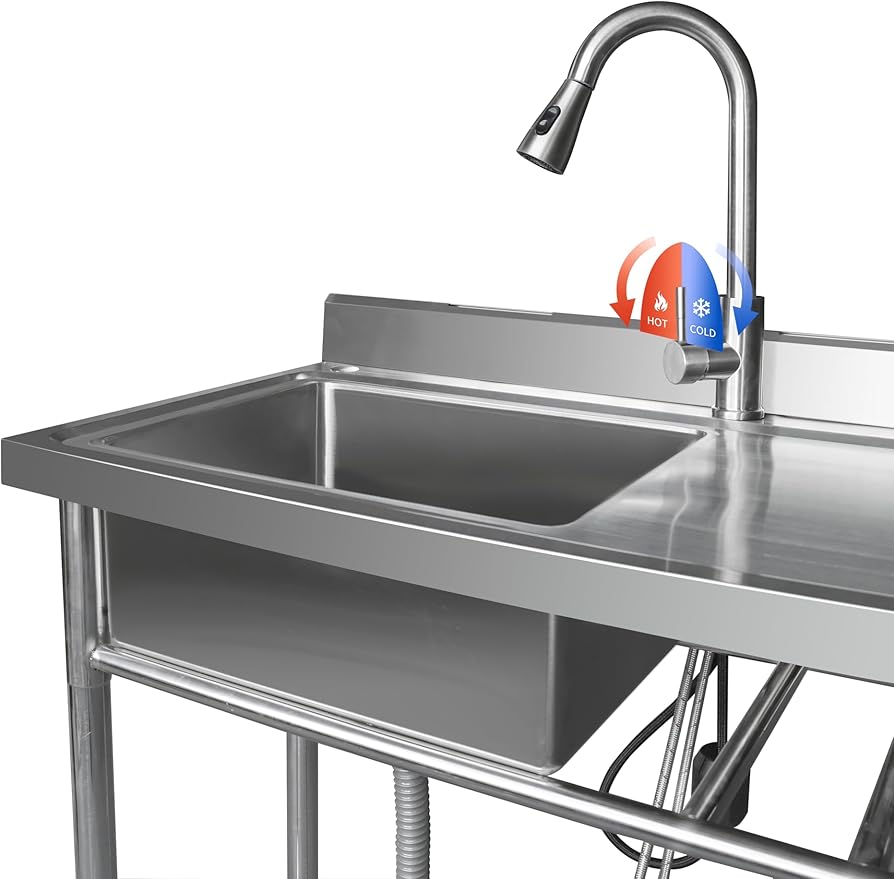 Qian Kun Free Standing 39.3 * 19.7 * 35.4 Left Single Bowl Outdoor Kitchen Sink (304 Stainless Steel, Pull Down Sprayer & Drain Pipe, Commercial Restaurant, NSF Certified)