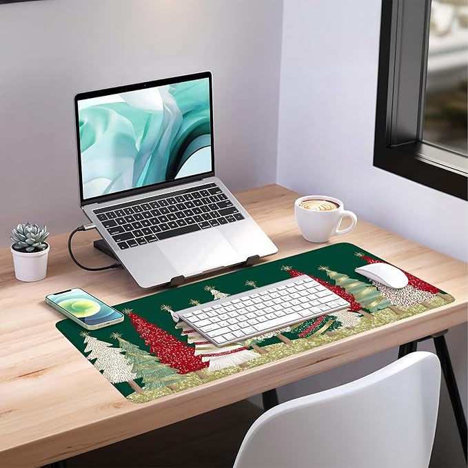 Christmas Tree - Green Gaming Mouse Pad 35.4"x15.7"Desk Mat Anti-Slip Rubber Base & Durable Stitched Edges for Gamers Smooth Mouse Writing Surface for Desk Office/Home