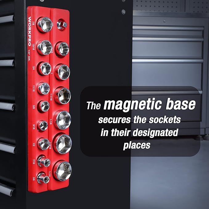 WORKPRO Magnetic Socket Organizer, 1/2-Inch SAE Sockets Holder, Socket Trays Holds 16 Pieces Standard Size and Deep Size Sockets(Socket not Included)