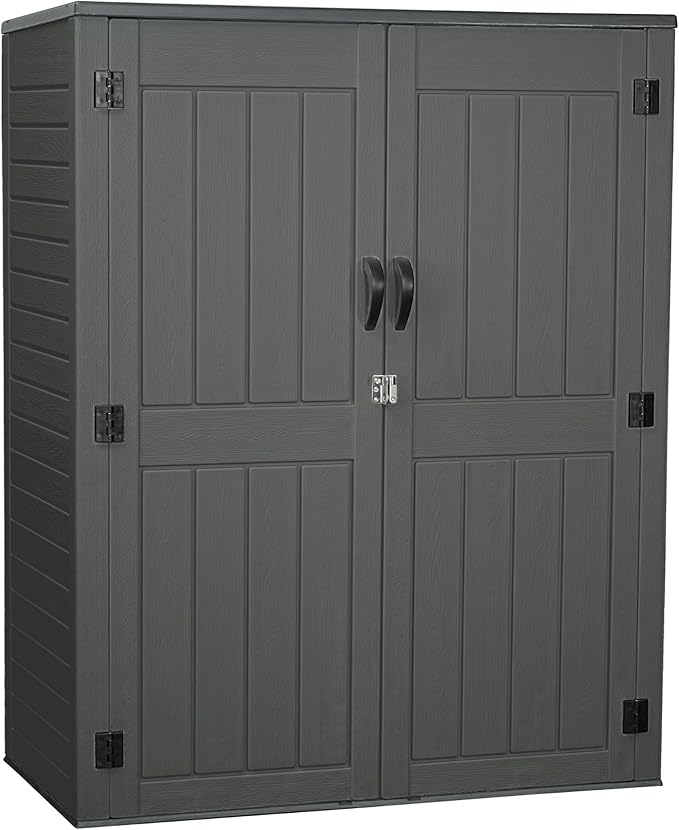EHHLY Vertical Resin Storage Shed with 2 Shelves, 60 Cuft Garden Tool Sheds & Outdoor Storage, Plastic Outdoor Storage Cabinet Waterproof, 4.5 x 2.3 ft Backyard Outside Lawn Mower Storage Shed, Grey