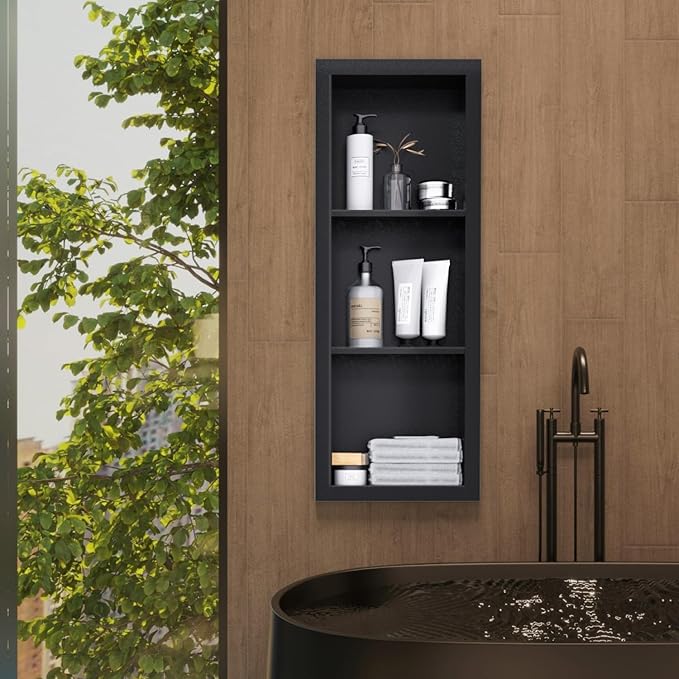 12" x 36" Stainless Steel Shower Niche, 3-Tier Waterproof Shelves, No-Tile Needed Bathroom Organizer, Rustproof Wall Shelf for Shampoo, Soap & Toiletries, Black