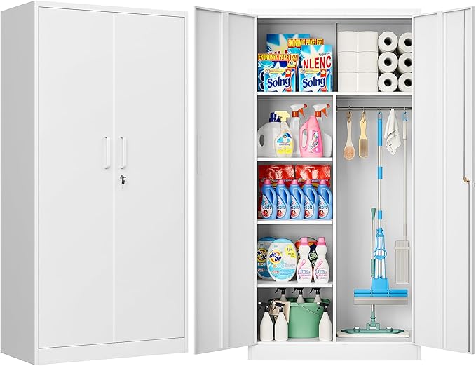 Wide & Deep Metal Storage Cabinet with Hanging Rod,White Broom Closet Storage Cabinet with Lock,72" Tall Wardrobe Cabinets with Doors and Shelves,Locking Steel Tool Cabinets for Home,Office,Garage