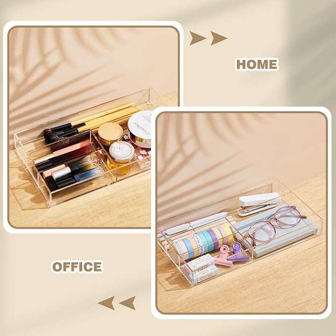 Acrylic Desk Drawer Organizer 11 x 6.1 x 1.38 Inch Storage Tray Organizer for Pens, Stationery, Desktop, Office, Bathroom, Kitchen, Makeup Supplies(4 Compartments, Clear)