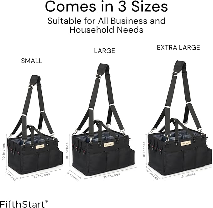 FifthStart Multiuse Cleaning Caddy with Waist & Shoulder Strap - Diaper Caddy & Beach Bag - 9 Pockets & Mesh Base - Adjustable Compartments (Black, Small) - Cleaning Supplies Organizer Bag