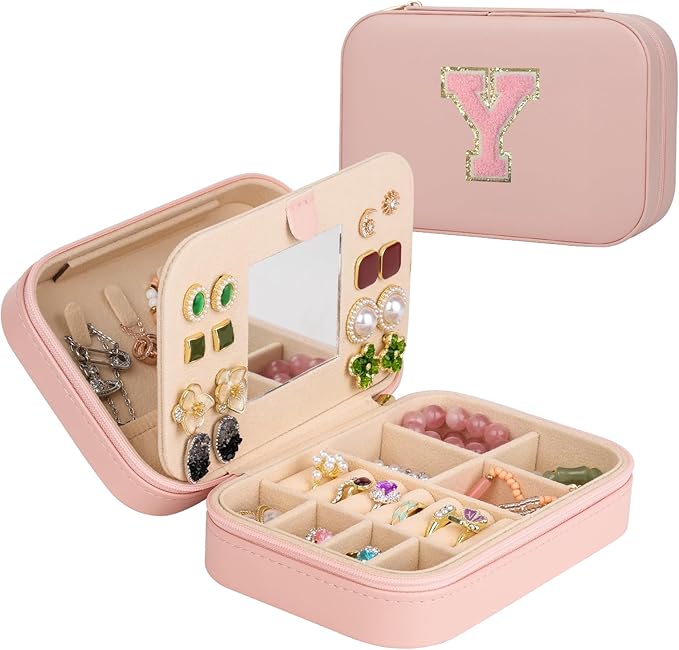 TopPerfekt Travel Jewelry Case Travel Jewelry Box With Mirror, Jewelry Organizer Bridal Shower Gifts To Her, Earring Travel Case, Trendy Gift for Women and Girls (Y, Pink)