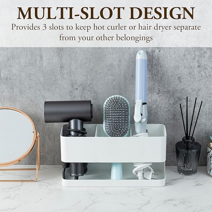 MyGift Hair Tool Organizer, 3-in-1 Metal Hair Dryer Holder, Wall Mounted Blow Dryer Holder, White Bathroom Organizer for Curling Irons, Hair Straighteners, Hair Brush Holder and Hot Tools