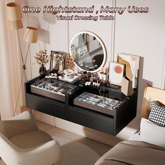 Loomie Black Floating Nightstands Set of 2, 18.9” Bedside Table w/Charging Station and LED Light, Floating Shelf with Drawer, Wall Mounted Night Stand for Bedroom, Entryway Wall.