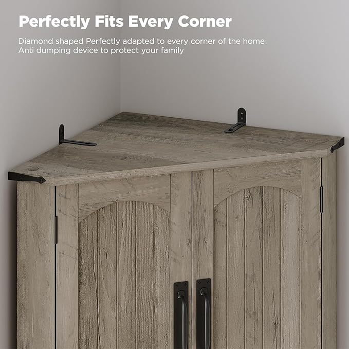 Maupvit Tall Corner Cabinet, Farmhouse Corner Storage Cabinet with 4 Barn Doors and Adjustable Shelves, Storage Pantry Cabinet for Kitchen, Living Room, Laundry Room, Grey