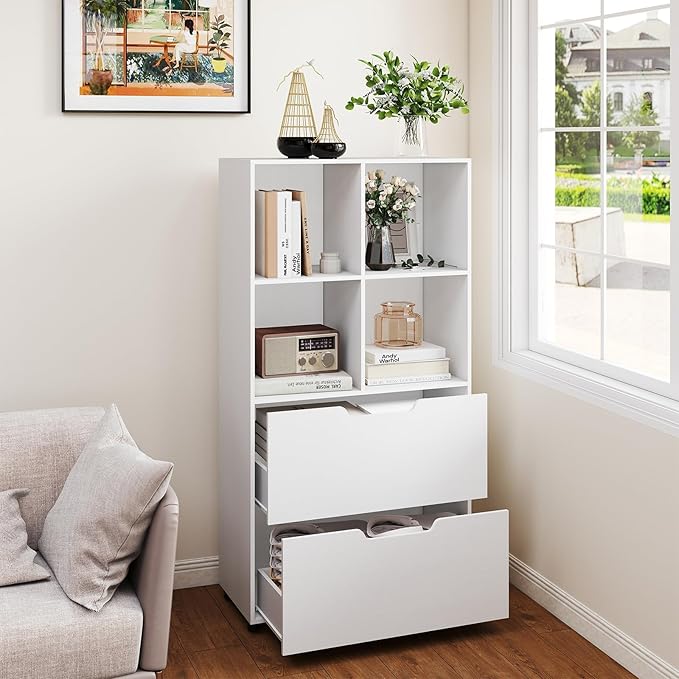 Giantex Bookcase with 2 Drawers, 51” Tall White Bookshelf w/4 Cubes, Anti-tip Kits, Freestanding Display Rack, Cubby Storage Organizer for Study, Living Room, Home Office