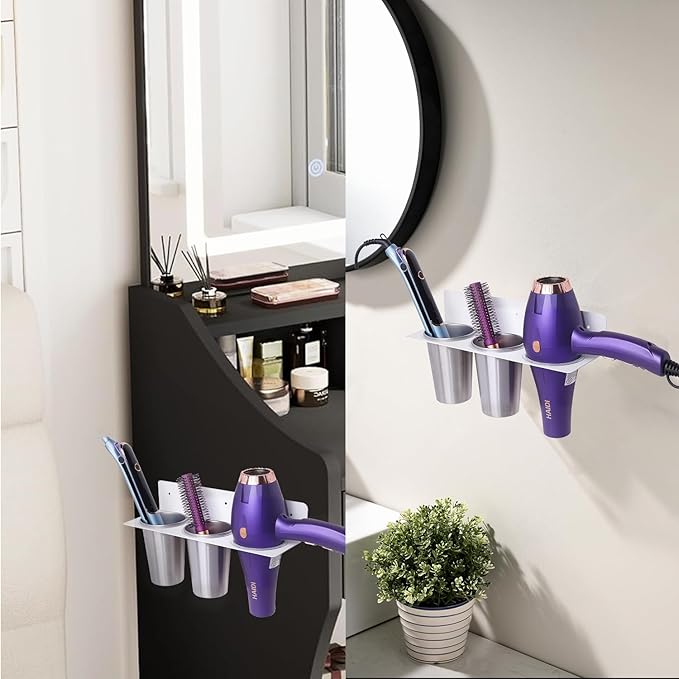 Hair Tool Organizer, Hair Dryer Holder wtih 2 Cups, Hot Tool Organizer Wall Mount for Bathroom Hair Dryer and Straightener for Styling Accessories, Flat Iron, Blow Dryer PTALSEAW