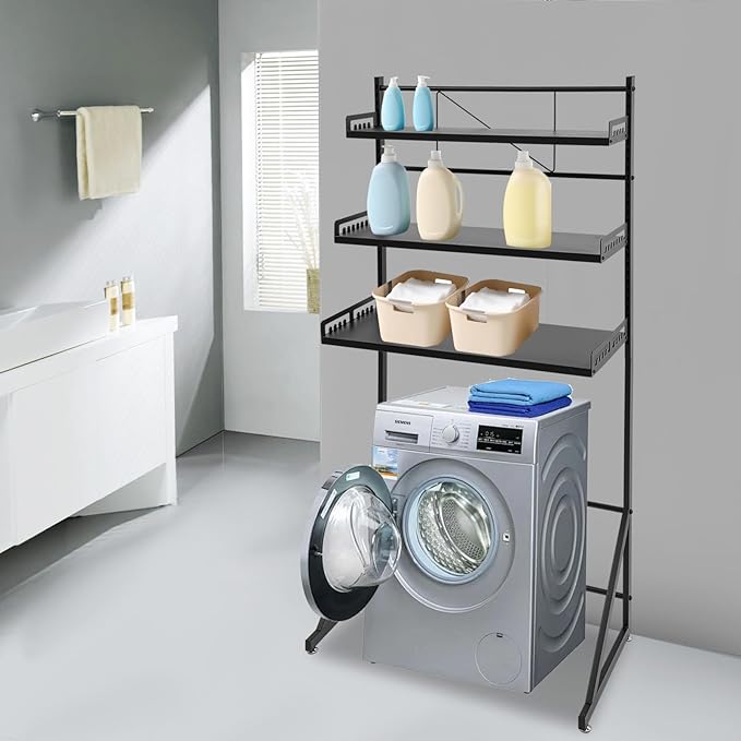 Over Washer and Dryer Storage Shelves, 3-Tier Washing Machine Organizer Rack with Height Adjustable Shelf for Laundry Room Garage Bathroom, W27.2*D15.8*H63.4in, Black