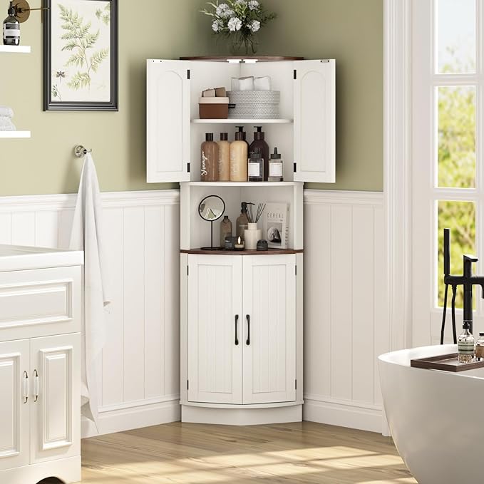 Tall Corner Cabinet, 64.7" Corner Storage Cabinet with 4 Doors and 5 Storage Shelves, Farmhouse Space Saver with Arched Door Design for Living Room, Kitchen, Bathroom, Office