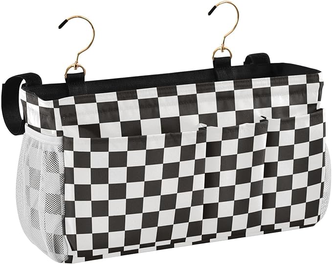Checkered Black Bedside Caddy for Dorm Bed Bedside Hanging Caddy Bag Iron Frame Storage Organizer Pocket for Bunk Home College Hospital Beds 2 Hooks