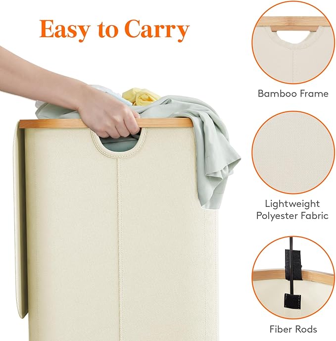 Lifewit 150L Laundry Basket with Lid, Clothes Hampers with Bamboo Handles and A Removable Laundry Bag, Large Foldable Hamper for Bedroom, Bathroom, Dorm, LaundryRoom, White