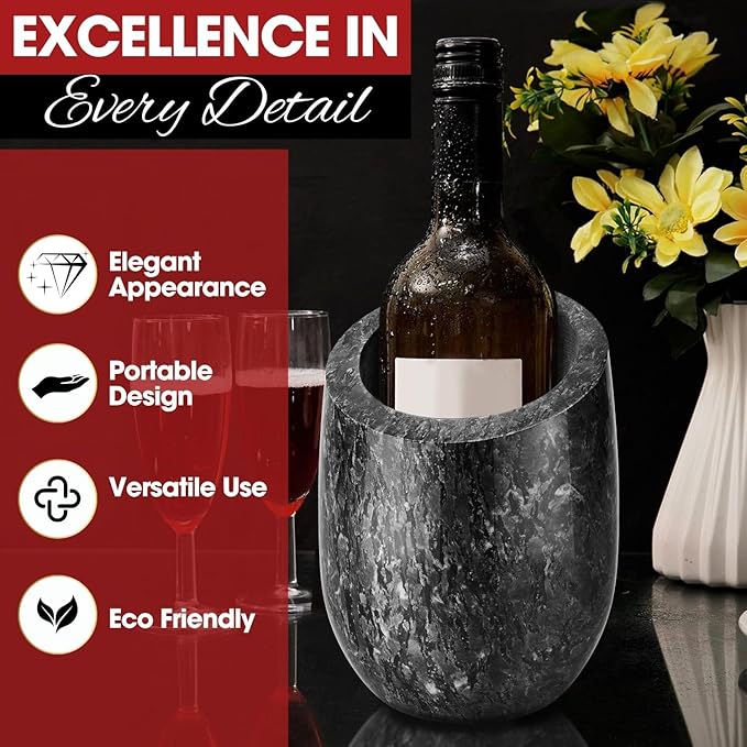 Flexzion Marble Wine Chiller Bucket – Black Wine Cooler & Champagne Bucket for Bar Cart Decor, Kitchen & Parties – Gifts for Men, Women & Enthusiasts – Fits 750ml Bottles
