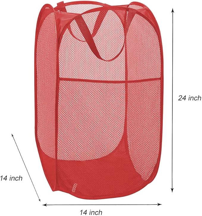 Larpur Popup Mesh Laundry Basket, Collapsible and Portable Clothes Washing Laundry Hamper with Reinforced Carry Handle (Red)