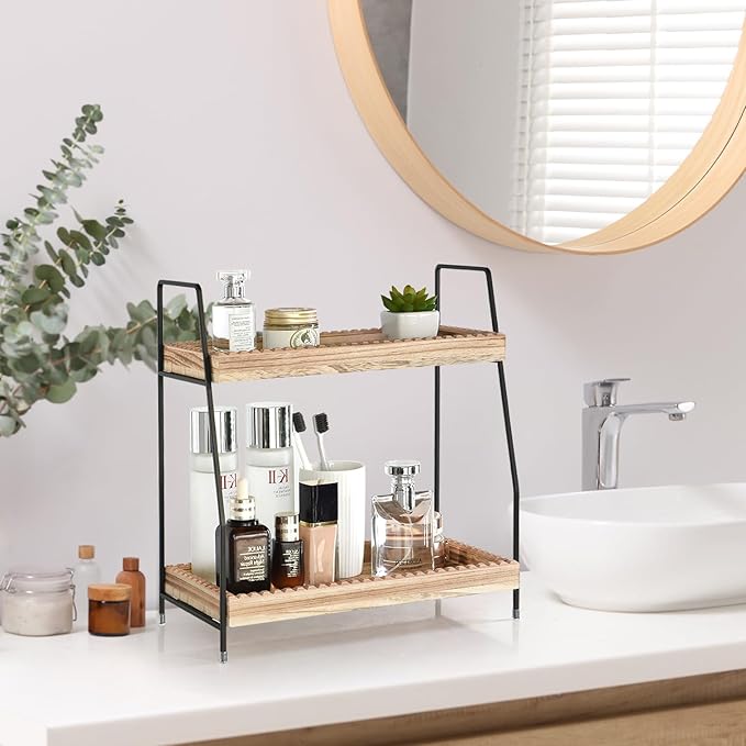 2 Tier Bathroom Countertop Organizer, Wood Bathroom Organizers and Storage, Slotted Edge Counter Shelf for Storage, Farmhouse Countertop Organizer for Bathroom, Kitchen, Coffee