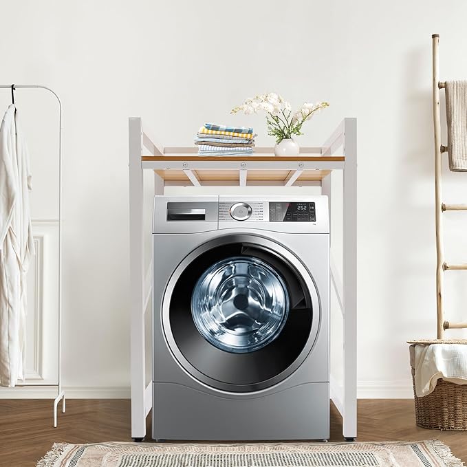 Washer Dryer Stacking Rack Stand, Heavy Duty Washing Machine Shelf with Adjustable Design, Load Capacity 660 lbs, Washer&Dryer Storage Shelf for Kitchens, Bathrooms, Laundry Rooms (White+Yellow)