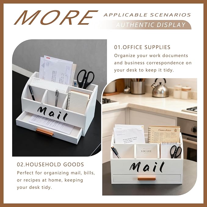goprety Mail Organizer for Desk - Countertop Bill Holder with File Storage, Wooden Desktop with Drawers - Home & Office Mail Management System