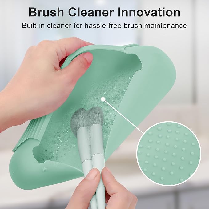 Silicone Travel Makeup Brush Holder for Women with Magnetic Closure and Built-in Brush Cleaner, Washable Cosmetic Organizer, Gift-Ready Pouch, Mint