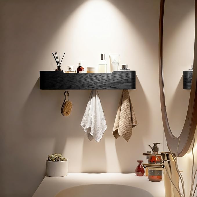 Wall Coat Rack Floating Shelves Modern Coat Rack Wall Mount with Storage Entryway Shelf Wooden Hanger 20 Inch 4 Hidden Metal Hooks for Living Room Bedroom (Black, 5 Hooks)