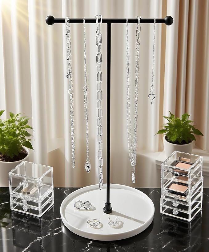 VROOMIUM Necklace Holder Stand - 6in Ceramic Base X 1ft Height, Aesthetic Decor for Bedroom, Jewelry Organizer for Necklace, Bracelets, Rings, Exhibidor de Collares- Chic White