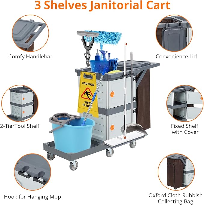 Commercial Janitorial Cart, 3-Shelf Housekeeping Cleaning Cart with 2 Cabinet, Wheels, Cover, Shelves, and Oxford Bag, Traditional Janitorial Cart for School Hotel Apartment