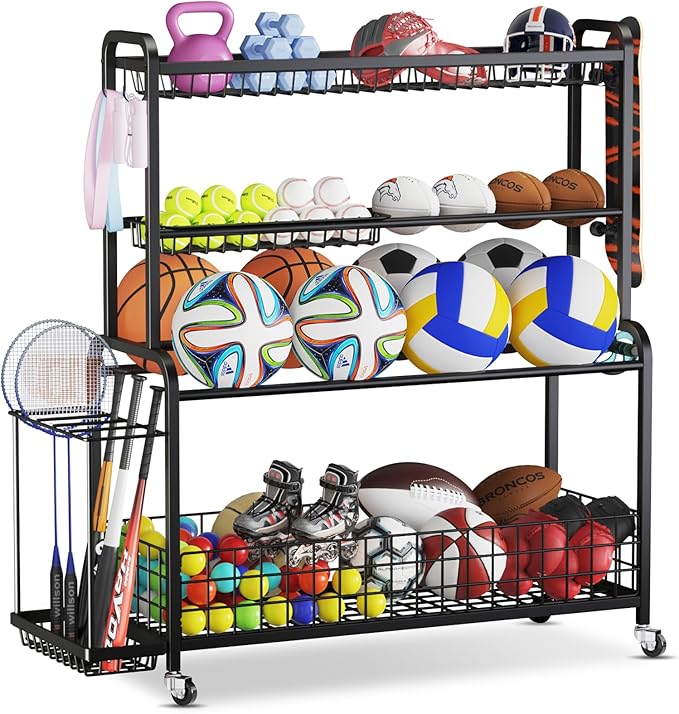 VOPEAK Oversized Sports Equipment Organizer, 4 Layers Rolling Ball Storage Rack for Garage Storage with Wheels Removable Hooks and Baskets Large Capacity Black Ball Holder for Toy Sports Gear Storage