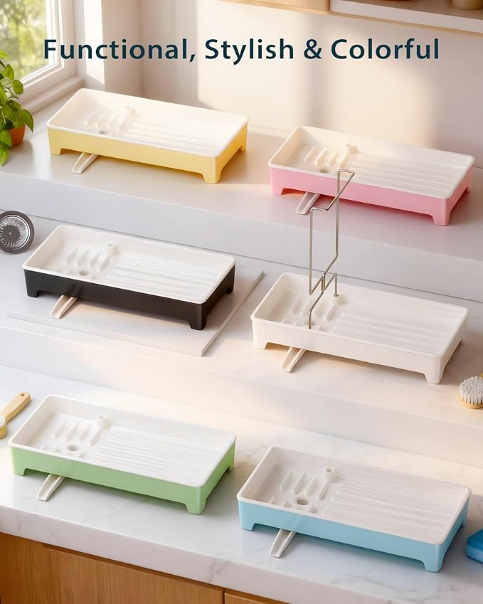 Ceramic-Look Sink Caddy, Rustproof Sponge Holder for Kitchen Sink with 304 Stainless-Steel Brush Holder, Countertop Rack Organizer with Raised Ridges & Silicone Drain Tube (Pastel Yellow)