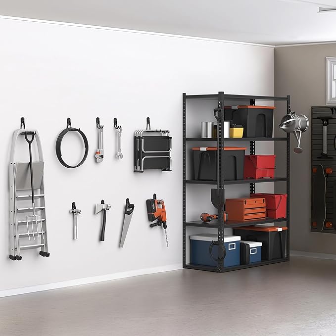 WALMANN 12 PCS Garage Storage Hooks, Wall Mount Utility Hooks for Tools, Ladders, Cords, Folding Chairs, Shovels and Rakes, Shelving Hooks for Keyhole Shelving Units(Black)