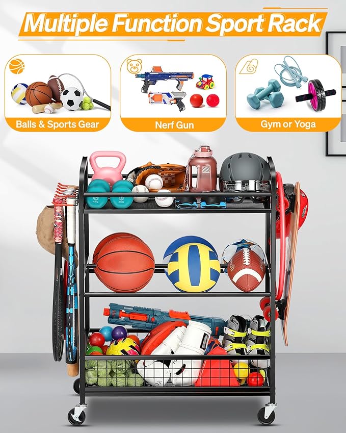 Ball Storage Sports Equipment Organizer - Garage Storage Cart Rolling Ball Storage Rack with Hooks Wheels Outdoor Indoor Gym Gear Toy Holder Bin for Basketball, Baseball, Soccer