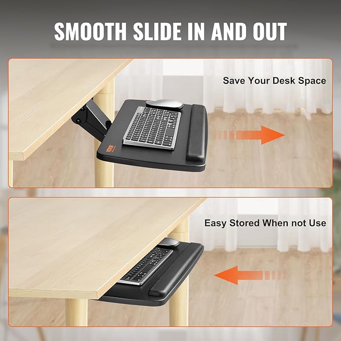 VEVOR Under-Desk Keyboard Tray, Adjustable for Height and Tilt, Slide-Out Design, Spacious 25x9.8 Inch Surface, Ideal for Home and Office Use